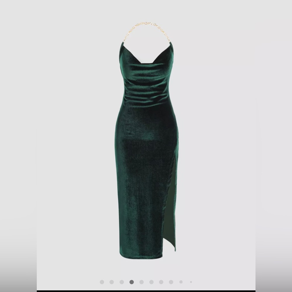 Chain Halter Velvet Cowl Neck Slit Dress